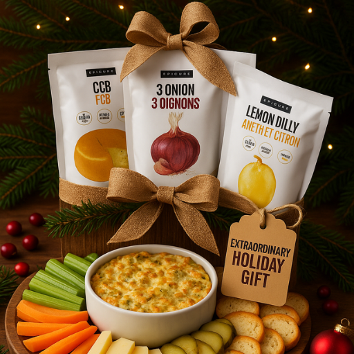 3 packages of Epicure seasoning - 3 Onion, Lemon Dilly & CCB with a holiday gift tag sitting behind a bowl of Epicure Extraordinary Cheese Dip on a plate with veggies and crackers.
