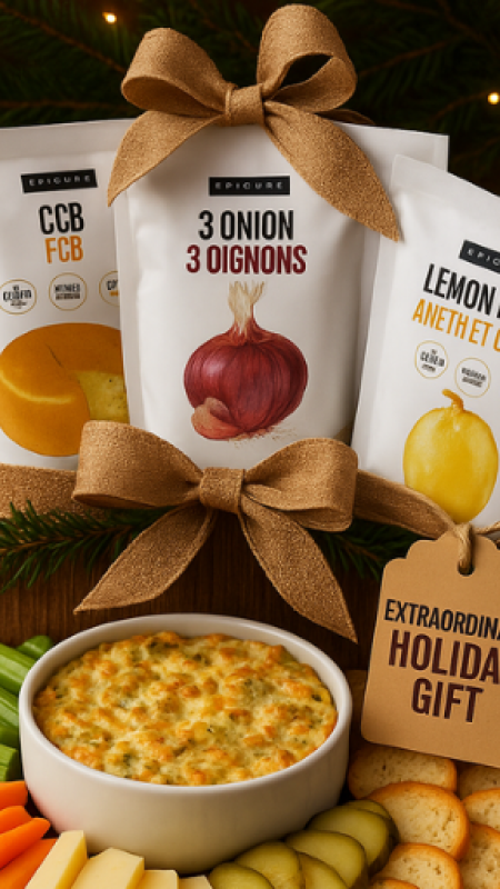 3 packages of Epicure seasoning - 3 Onion, Lemon Dilly & CCB with a holiday gift tag sitting behind a bowl of Epicure Extraordinary Cheese Dip on a plate with veggies and crackers.
